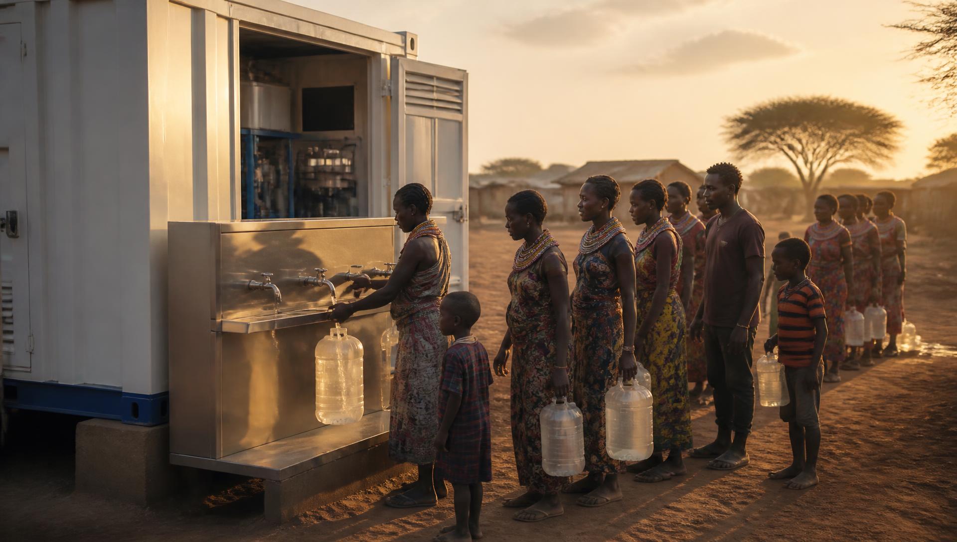 Community collecting safe drinking water from a Nordic Eco Water Solutions purification unit